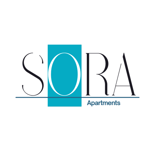 The image is a logo for SORA Apartments.
